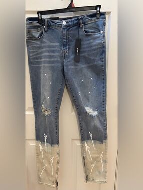 Blue Skinny Jeans with White Paint-Effect Hem